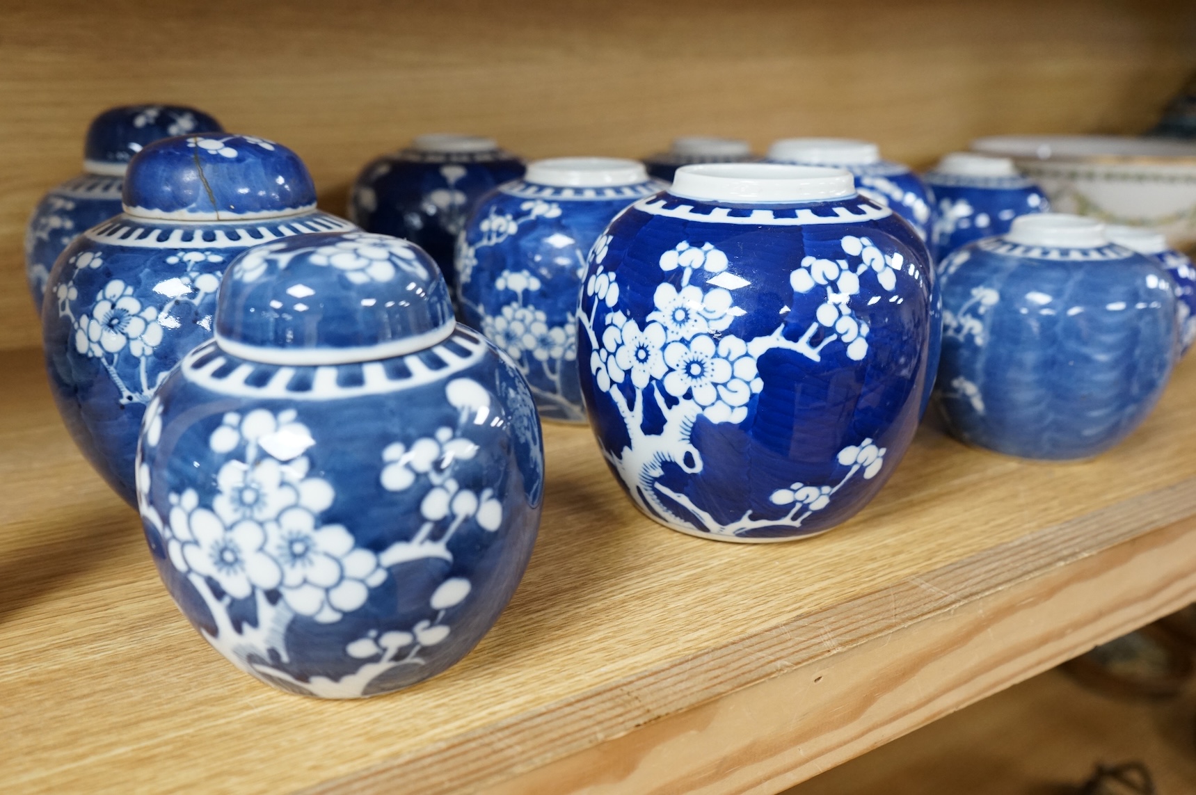 Eleven Chinese blue and white prunus jars and two covers, late 19th/20th century, tallest jar and cover 15cm high.